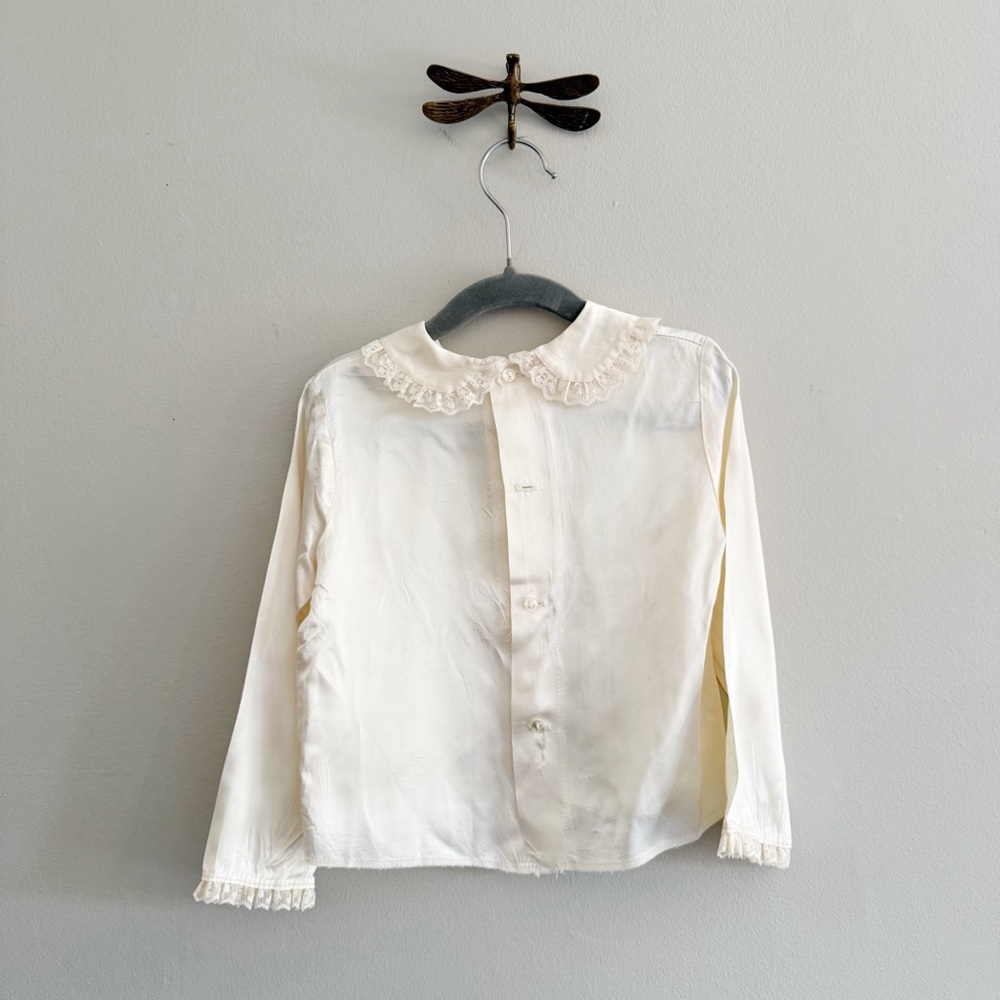 Vintage Satin Ivory Cream Toddler Blouse with Lace Detail - Picture 5 of 6